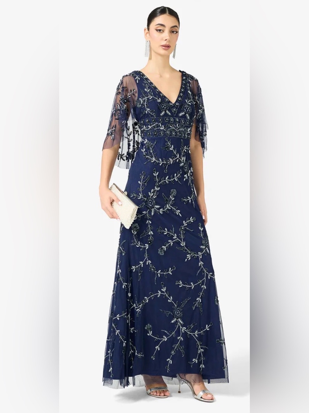 ADRIANNA PAPELL Navy Blue Beaded Mesh Blouson Column Gown. Size 8. NWT. - Picture 1 of 7